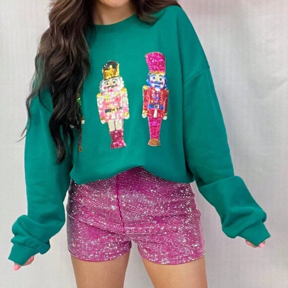 Red Casual Women's Loose Sequin Christmas Crewneck Sweater - Picture 3 of 6